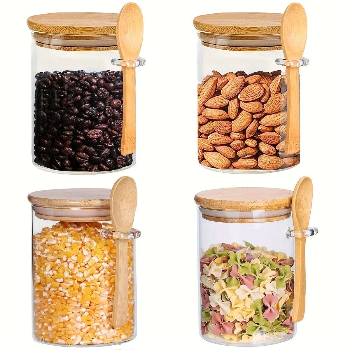 Clear Glass Storage Containers With Airtight Lid & Wooden Spoon - 540ml