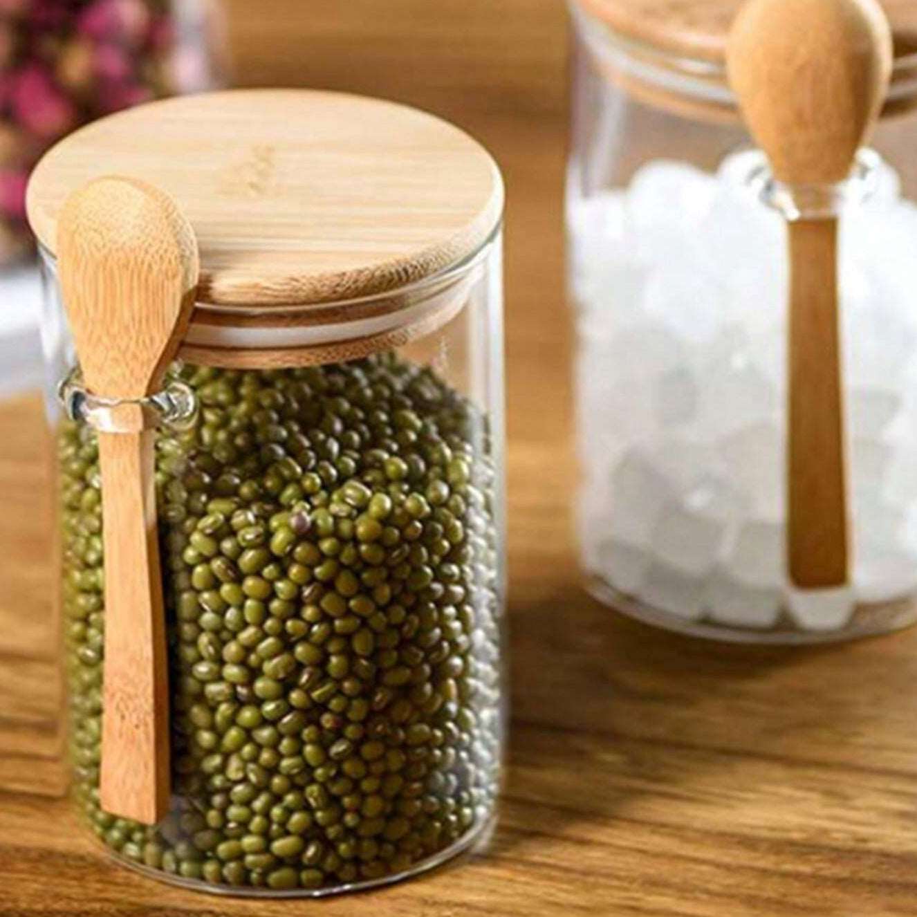 Clear Glass Storage Containers With Airtight Lid & Wooden Spoon - 540ml