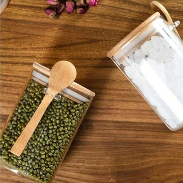 Clear Glass Storage Containers With Airtight Lid & Wooden Spoon - 540ml