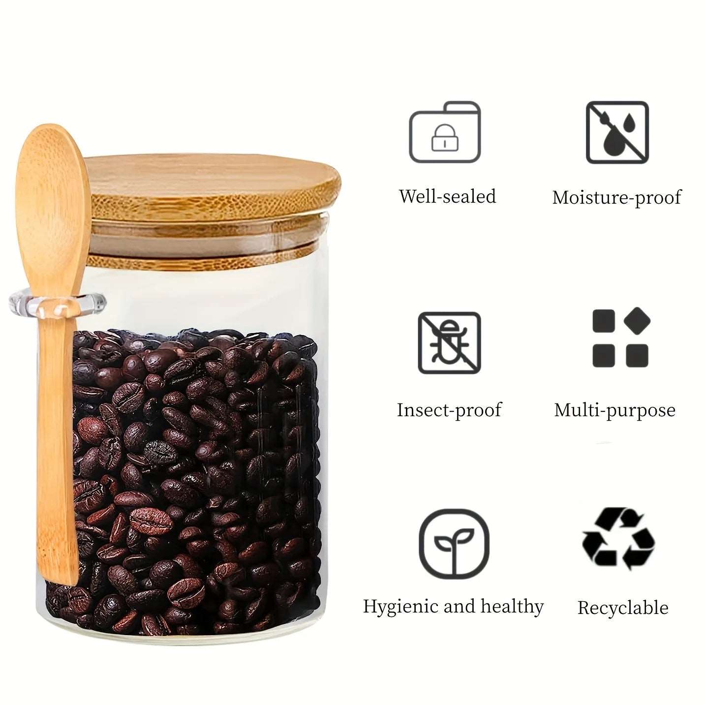 Clear Glass Storage Containers With Airtight Lid & Wooden Spoon - 540ml