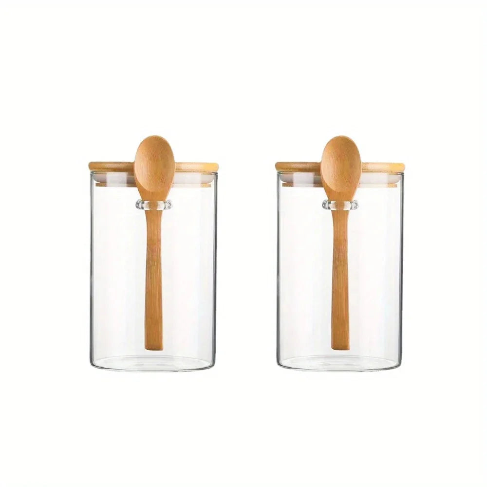 Clear Glass Storage Containers With Airtight Lid & Wooden Spoon - 540ml