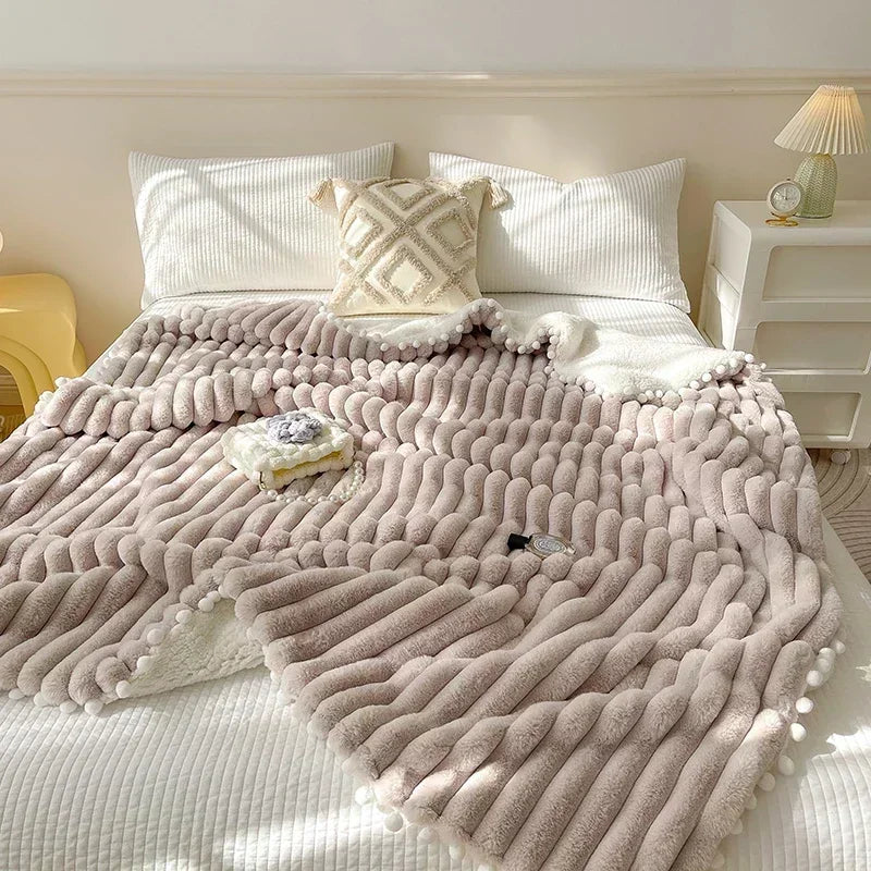 Double Sided Luxury Tuscan Faux Rabbit Fur With Pom Poms - White, Pink, Mauve