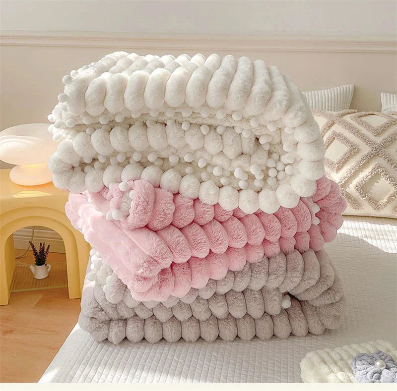 Double Sided Luxury Tuscan Faux Rabbit Fur With Pom Poms - White, Pink, Mauve