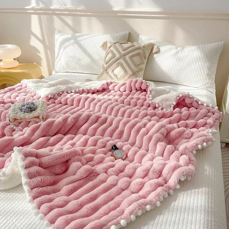 Double Sided Luxury Tuscan Faux Rabbit Fur With Pom Poms - White, Pink, Mauve