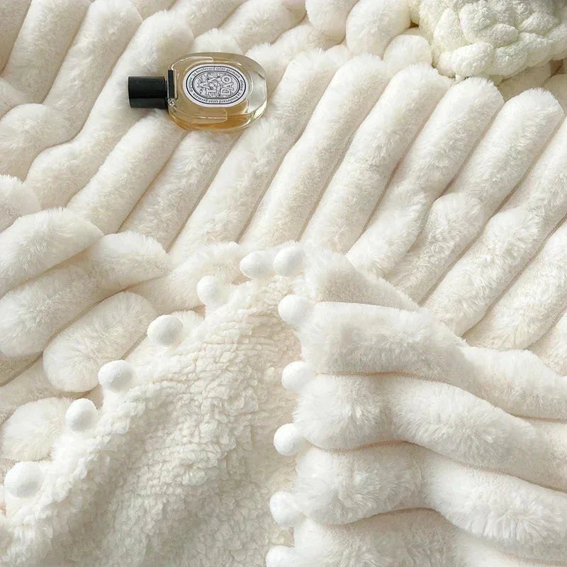 Double Sided Luxury Tuscan Faux Rabbit Fur With Pom Poms - White, Pink, Mauve