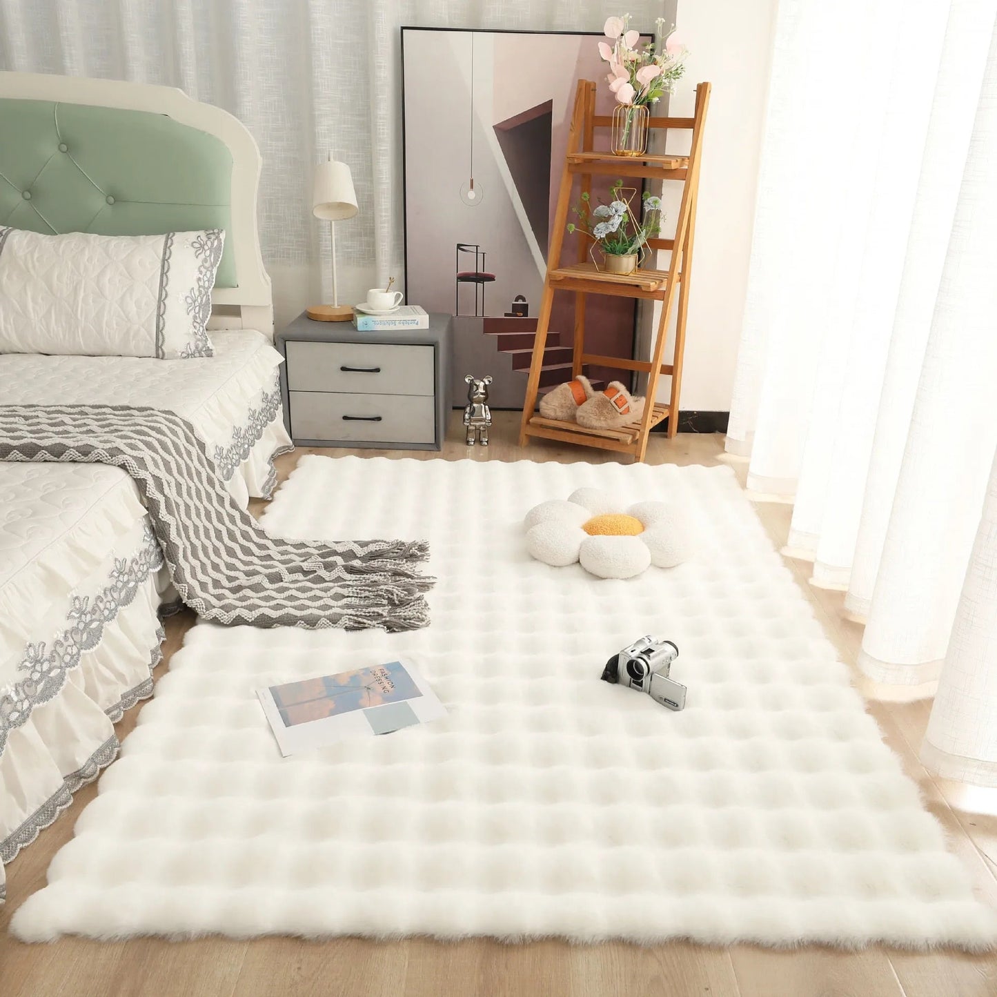 Fluffy & Supersoft Plush Bubble Nordic Rectangle Shaggy Rug - White, Beige, Grey, Ivory & Sage Green