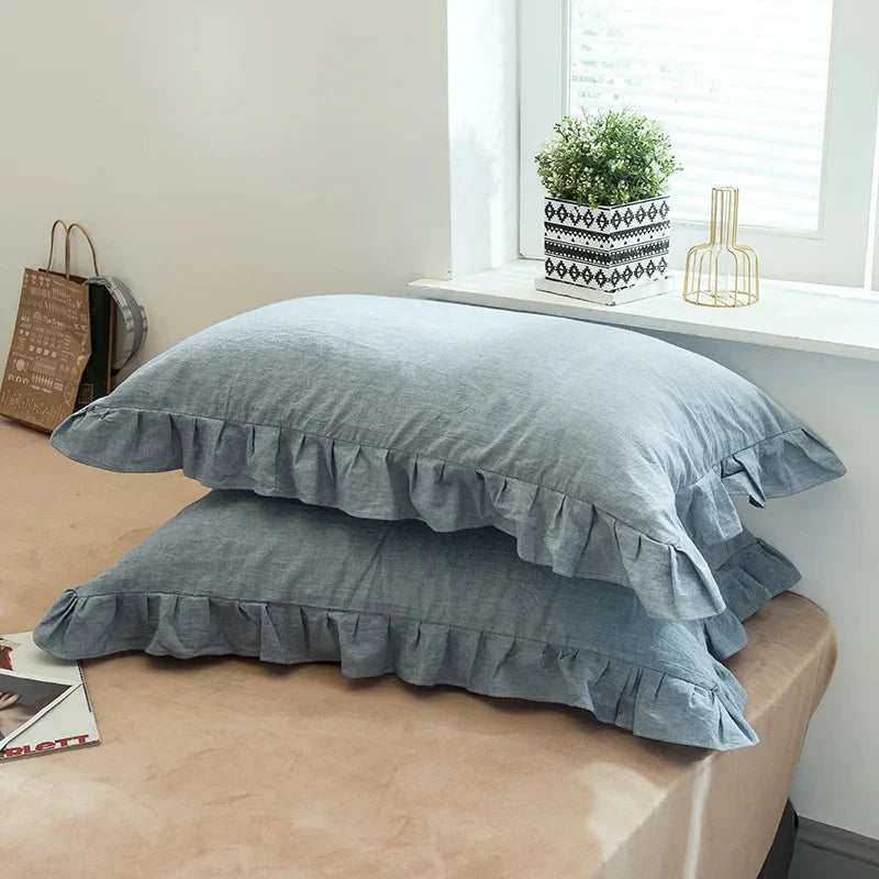 Frilled Farmhouse Style Washed Cotton Pillowcase (Plain) Set of 2 - White, Grey, Blue & Green