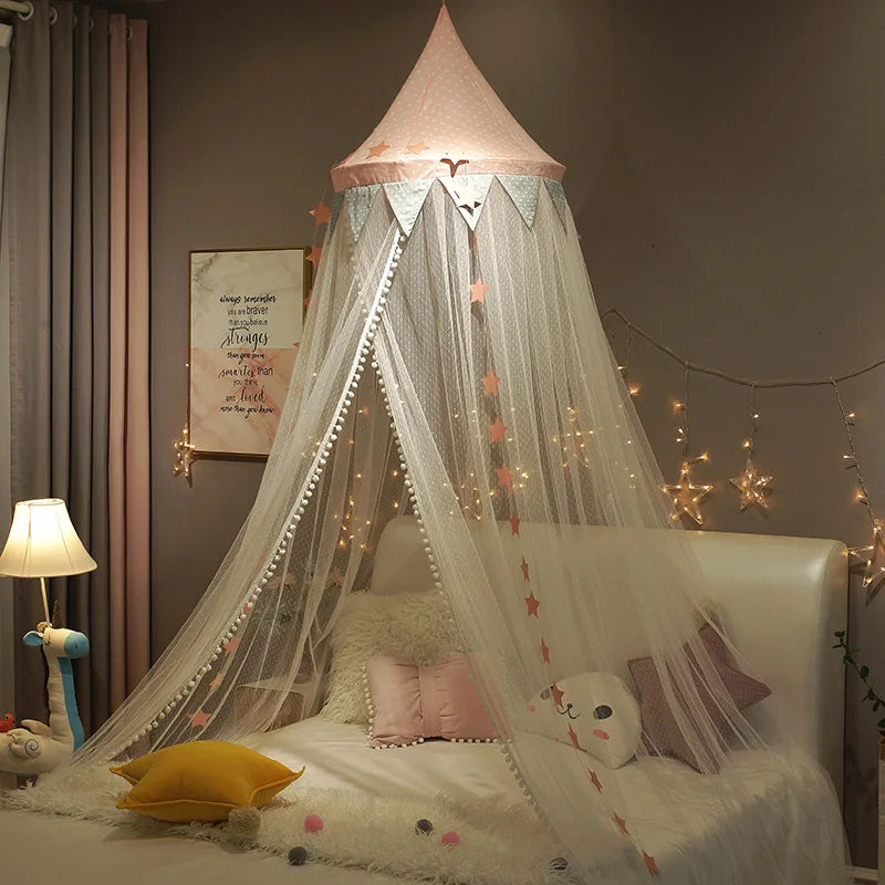 Kids Bed Canopy With Pom Pom Detail - Pink, Blue & Grey