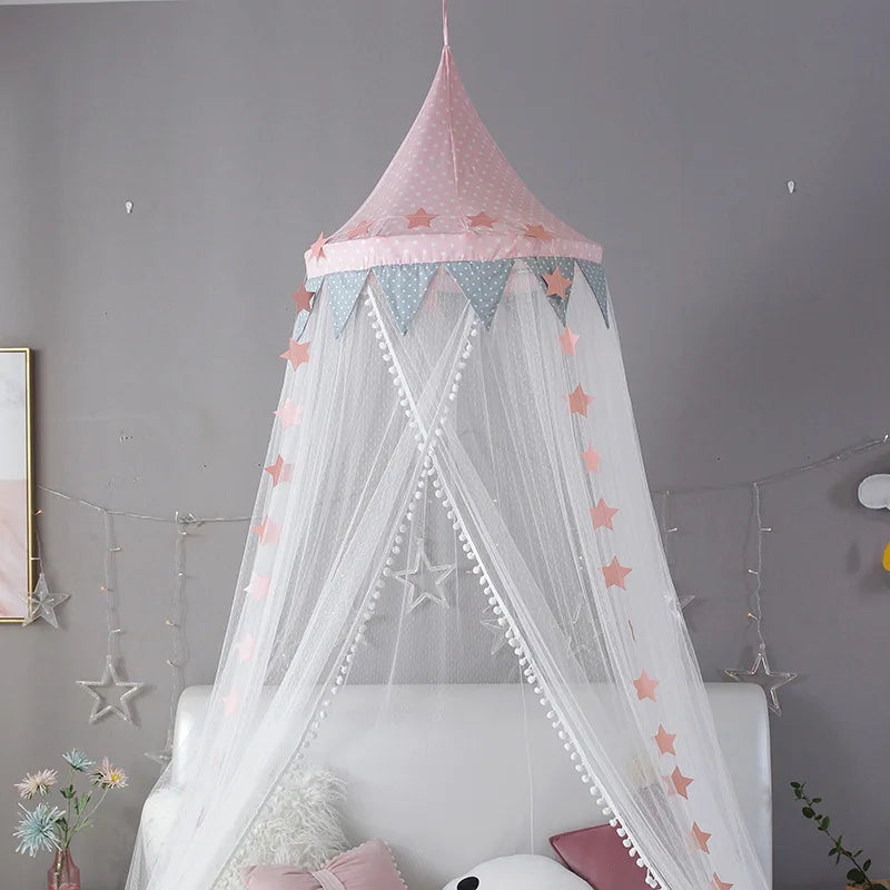 Kids Bed Canopy With Pom Pom Detail - Pink, Blue & Grey