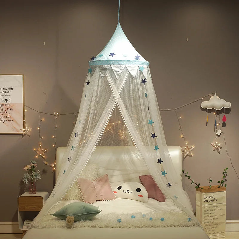 Kids Bed Canopy With Pom Pom Detail - Pink, Blue & Grey