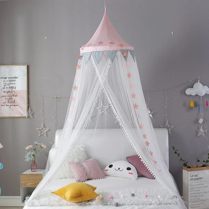 Kids Bed Canopy With Pom Pom Detail - Pink, Blue & Grey