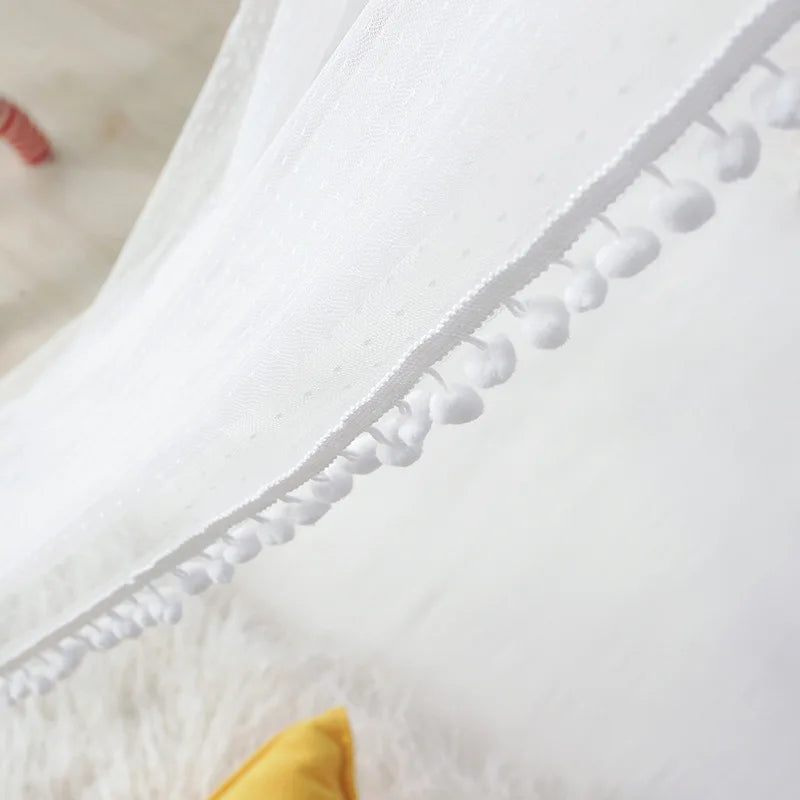 Kids Bed Canopy With Pom Pom Detail - Pink, Blue & Grey