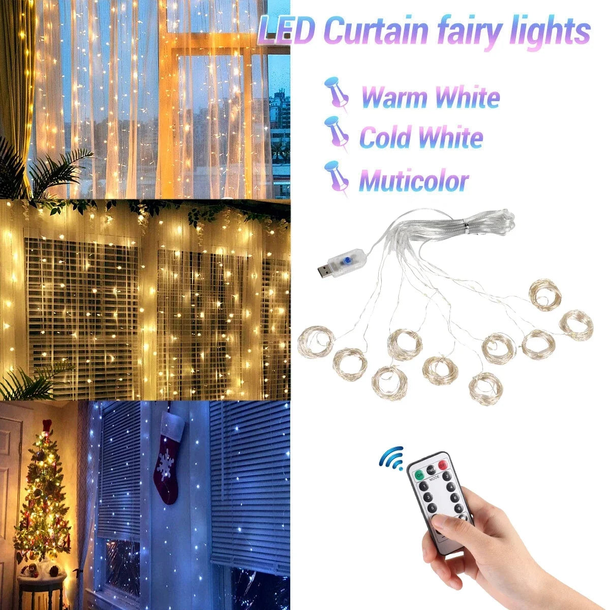 Christmas Curtain String Lights – Merry Christmas LED Garland for Home Holiday Decoration & New Year Party