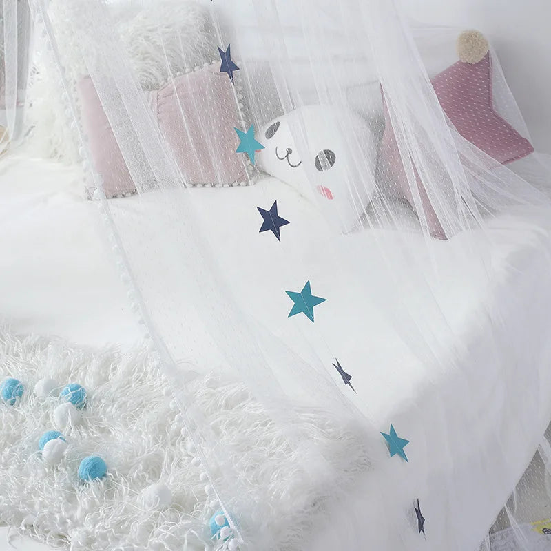 Kids Bed Canopy With Pom Pom Detail - Pink, Blue & Grey