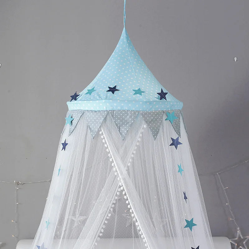 Kids Bed Canopy With Pom Pom Detail - Pink, Blue & Grey
