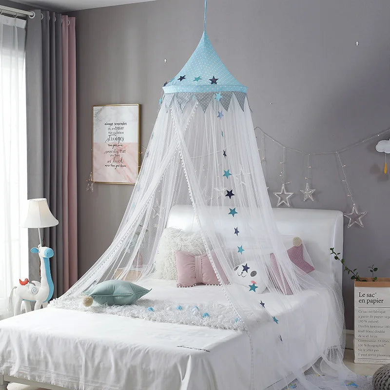 Kids Bed Canopy With Pom Pom Detail - Pink, Blue & Grey