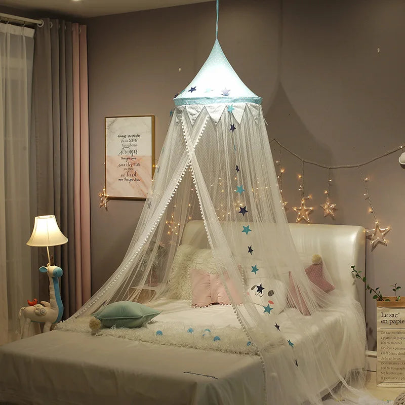 Kids Bed Canopy With Pom Pom Detail - Pink, Blue & Grey