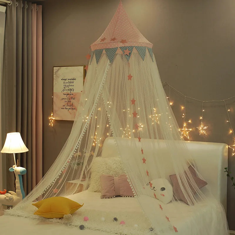 Kids Bed Canopy With Pom Pom Detail - Pink, Blue & Grey