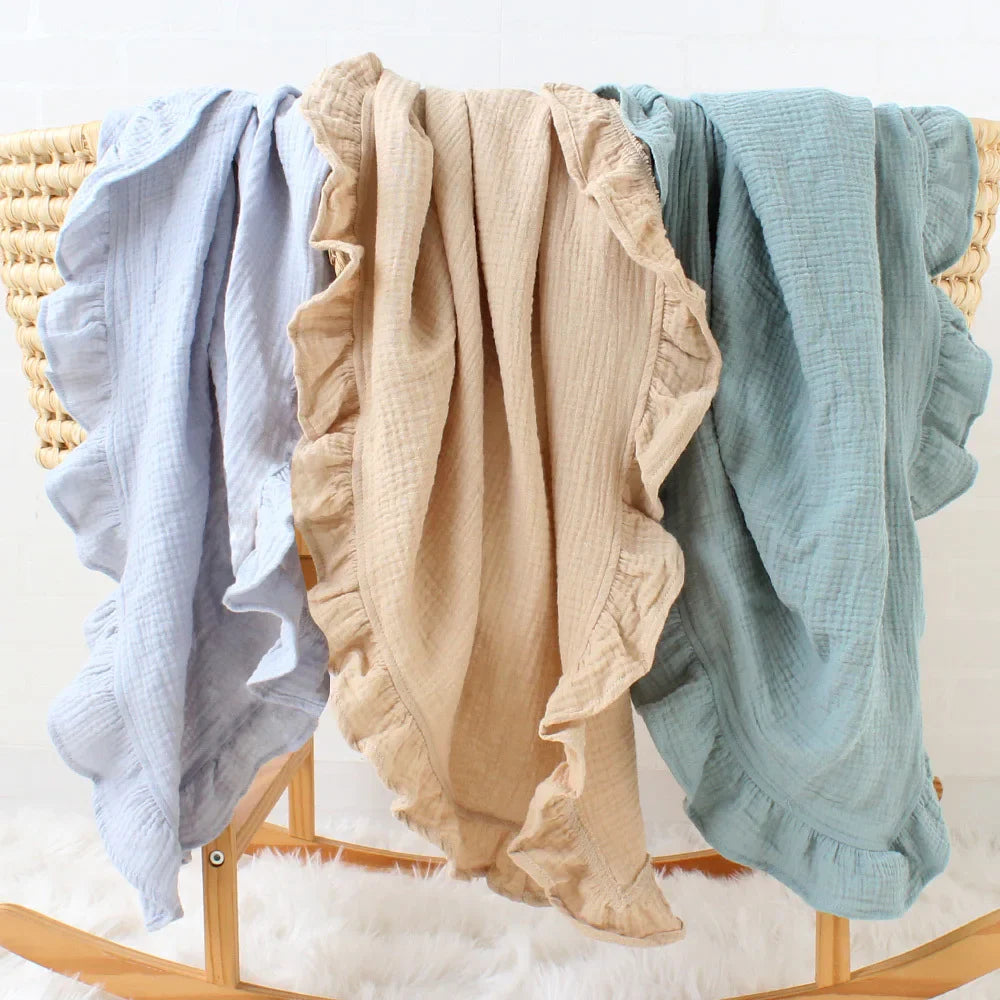 Organic Cotton Ruffled Muslin Baby Swaddle Blanket - 4 Colours
