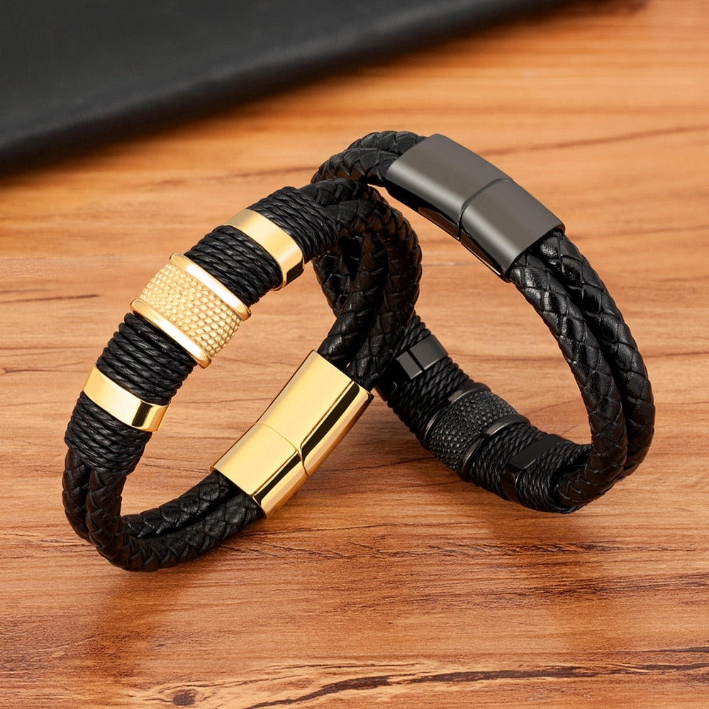 Woven Leather & Stainless Steel Bracelet