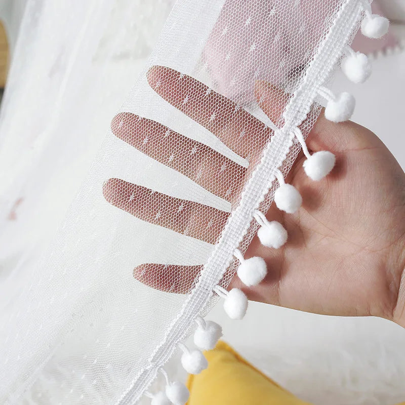 Kids Bed Canopy With Pom Pom Detail - Pink, Blue & Grey