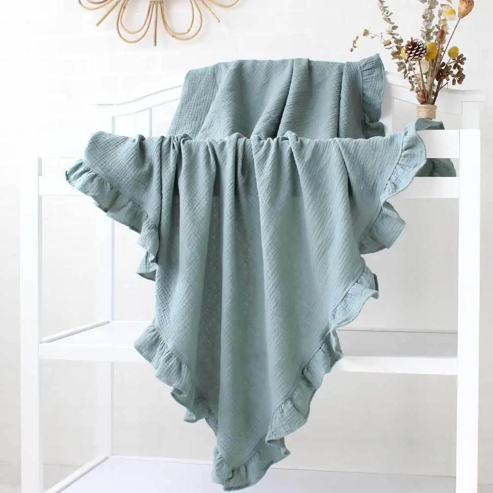 Organic Cotton Ruffled Muslin Baby Swaddle Blanket - 4 Colours