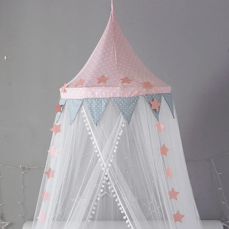 Kids Bed Canopy With Pom Pom Detail - Pink, Blue & Grey