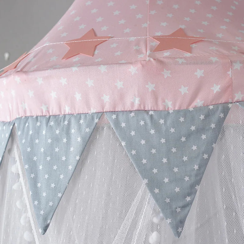 Kids Bed Canopy With Pom Pom Detail - Pink, Blue & Grey