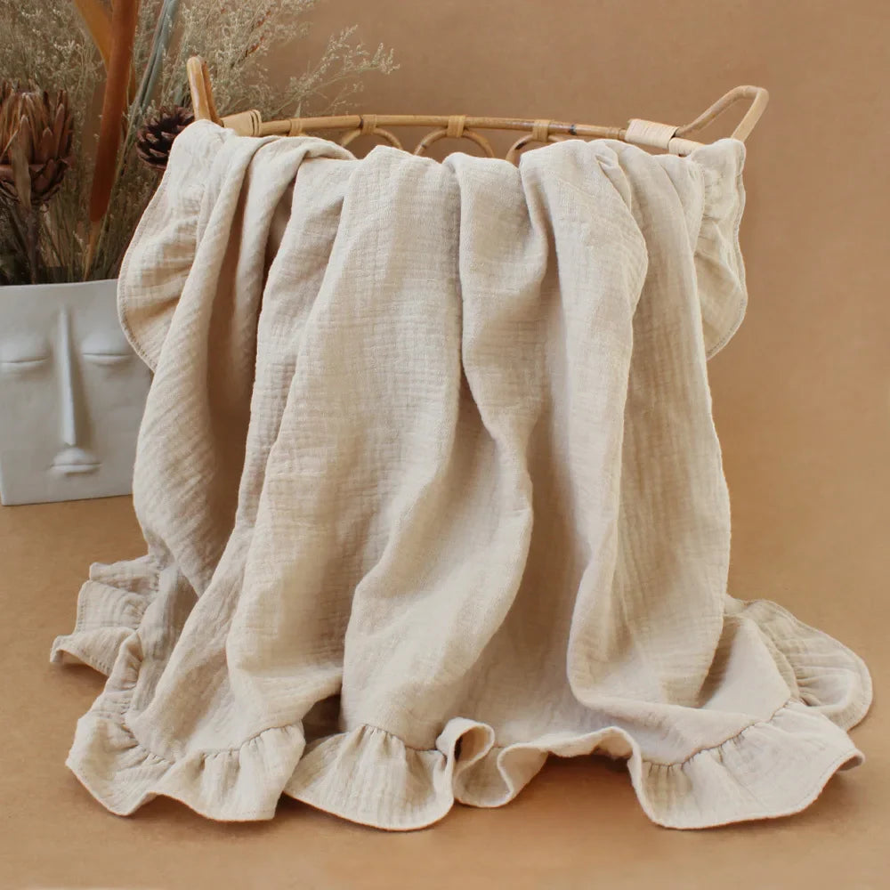 Organic Cotton Ruffled Muslin Baby Swaddle Blanket - 4 Colours