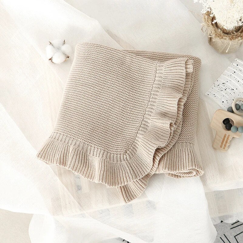 Knitted Cotton Muslin Swaddle Blanket for Baby with Ruffle Trim - Ivory, Grey, Beige, Pink & Sage Green