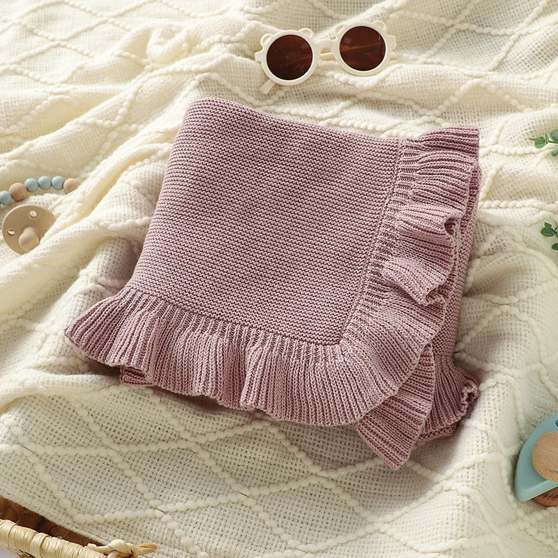 Knitted Cotton Muslin Swaddle Blanket for Baby with Ruffle Trim - Ivory, Grey, Beige, Pink & Sage Green