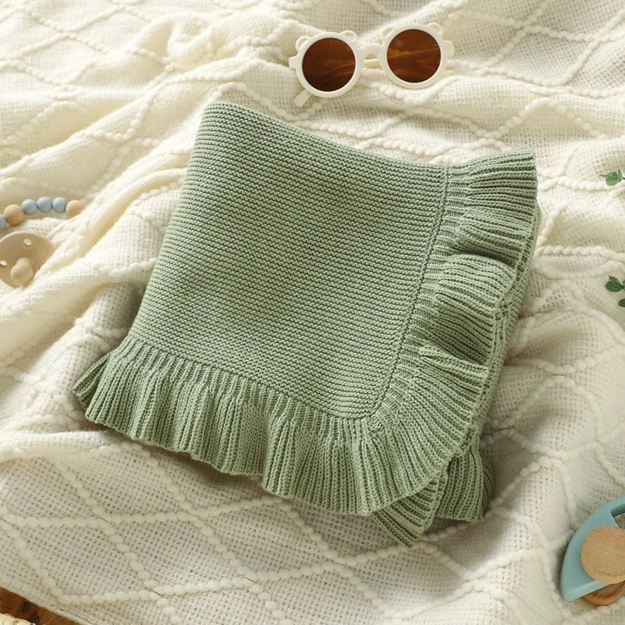 Knitted Cotton Muslin Swaddle Blanket for Baby with Ruffle Trim - Ivory, Grey, Beige, Pink & Sage Green
