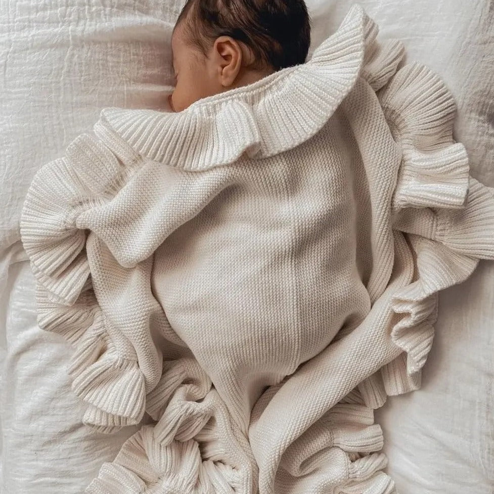 Knitted Cotton Muslin Swaddle Blanket for Baby with Ruffle Trim - Ivory, Grey, Beige, Pink & Sage Green