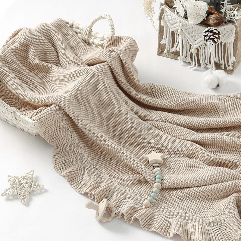 Knitted Cotton Muslin Swaddle Blanket for Baby with Ruffle Trim - Ivory, Grey, Beige, Pink & Sage Green