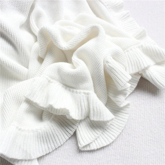 Knitted Cotton Muslin Swaddle Blanket for Baby with Ruffle Trim - Ivory, Grey, Beige, Pink & Sage Green