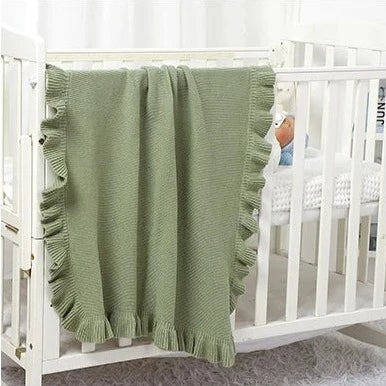 Knitted Cotton Muslin Swaddle Blanket for Baby with Ruffle Trim - Ivory, Grey, Beige, Pink & Sage Green