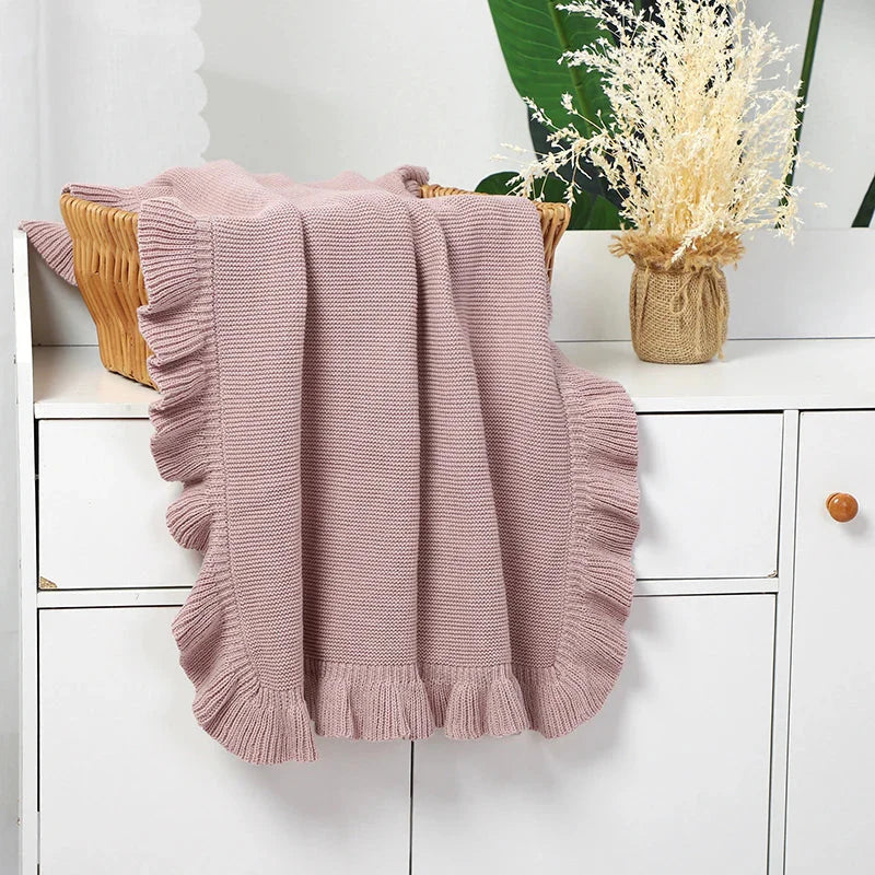 Knitted Cotton Muslin Swaddle Blanket for Baby with Ruffle Trim - Ivory, Grey, Beige, Pink & Sage Green