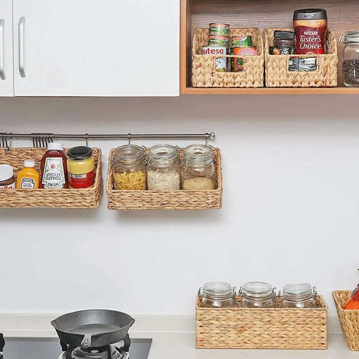 Modern Hand-Woven Storage Rattan Wicker Tray Baskets - 3 Sizes