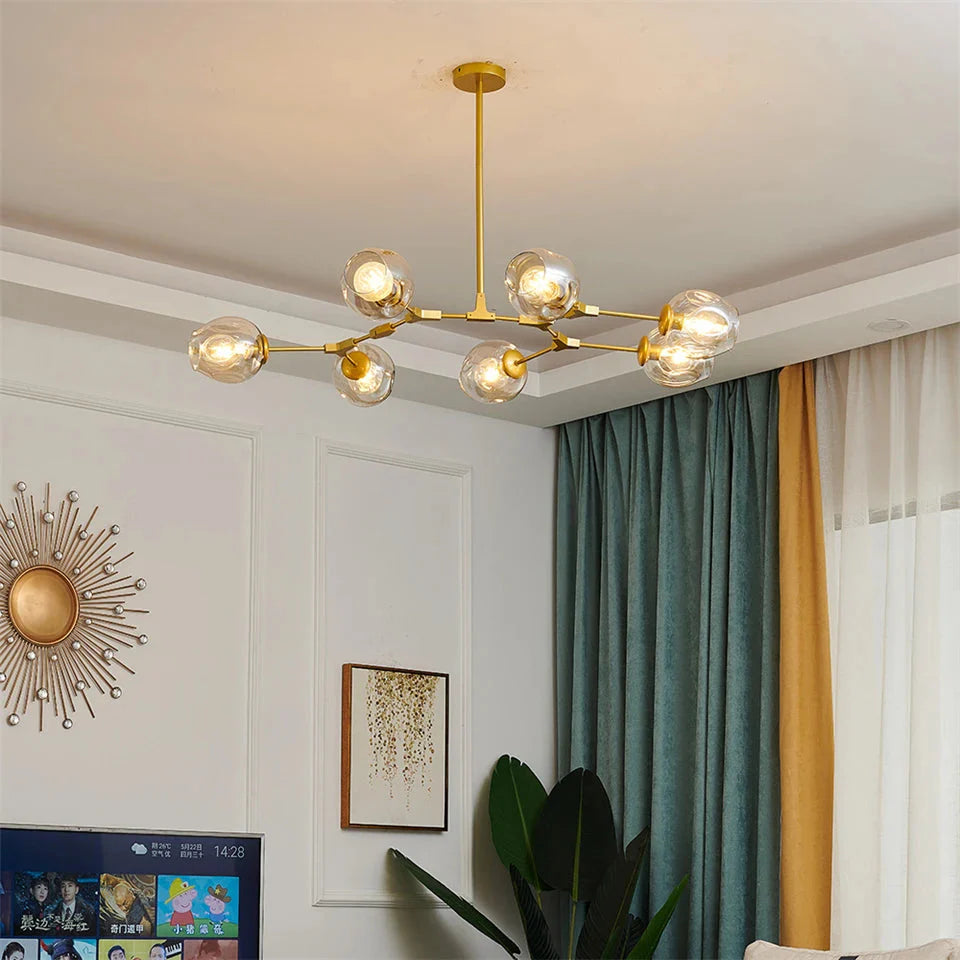 Modern Heritage Clear Glass Ball Semi-Flush Adjustable Bar Chandelier Pendant - Gold & Black
