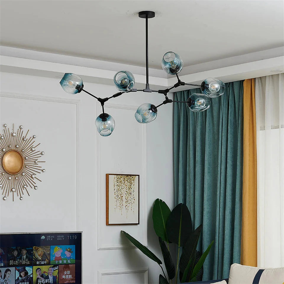 Modern Heritage Clear Glass Ball Semi-Flush Adjustable Bar Chandelier Pendant - Gold & Black
