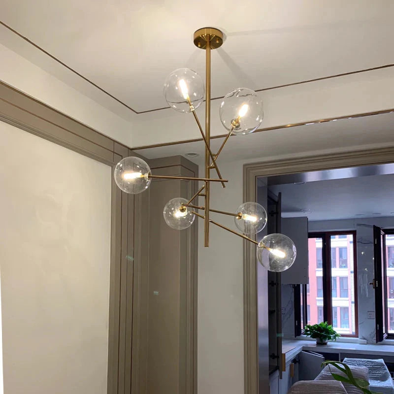 Modern Minimalist Bubble Clear & Amber Glass Bar Pendant Chandelier - Gold & Black