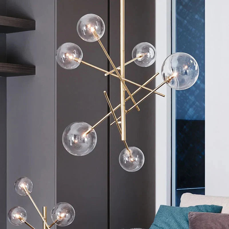 Modern Minimalist Bubble Clear & Amber Glass Bar Pendant Chandelier - Gold & Black