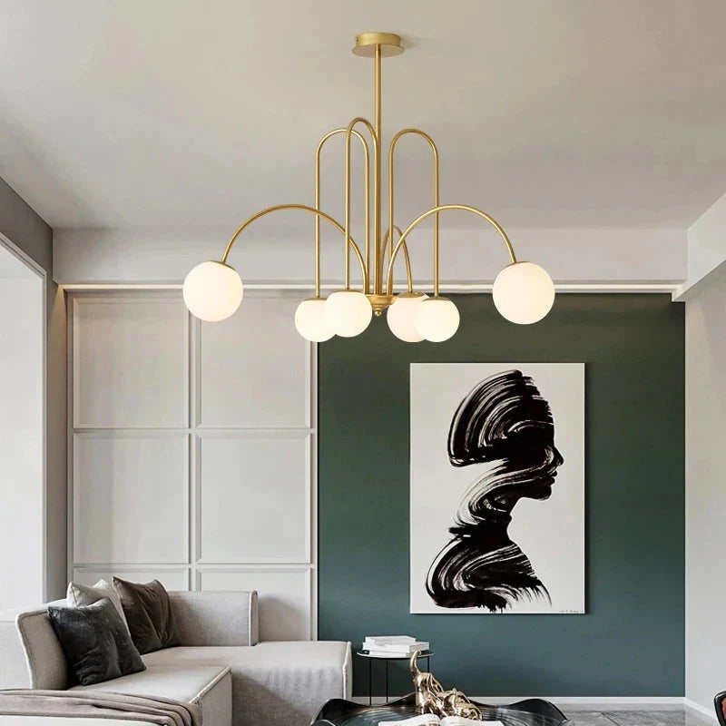 Modern Scandi Opal LED Glass Sphere Pendant Chandelier - Gold & Black