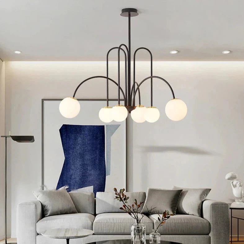 Modern Scandi Opal LED Glass Sphere Pendant Chandelier - Gold & Black