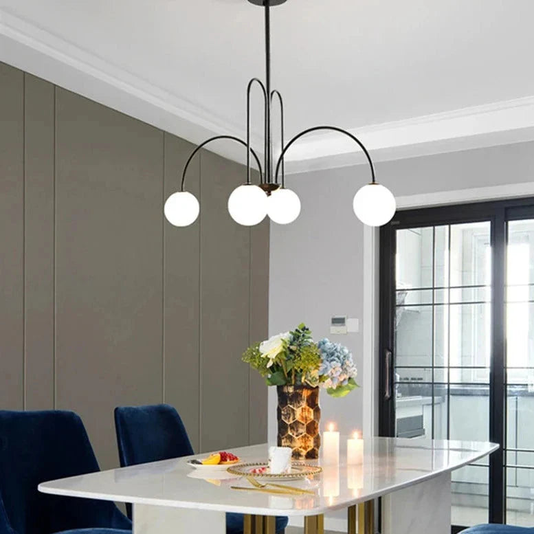 Modern Scandi Opal LED Glass Sphere Pendant Chandelier - Gold & Black