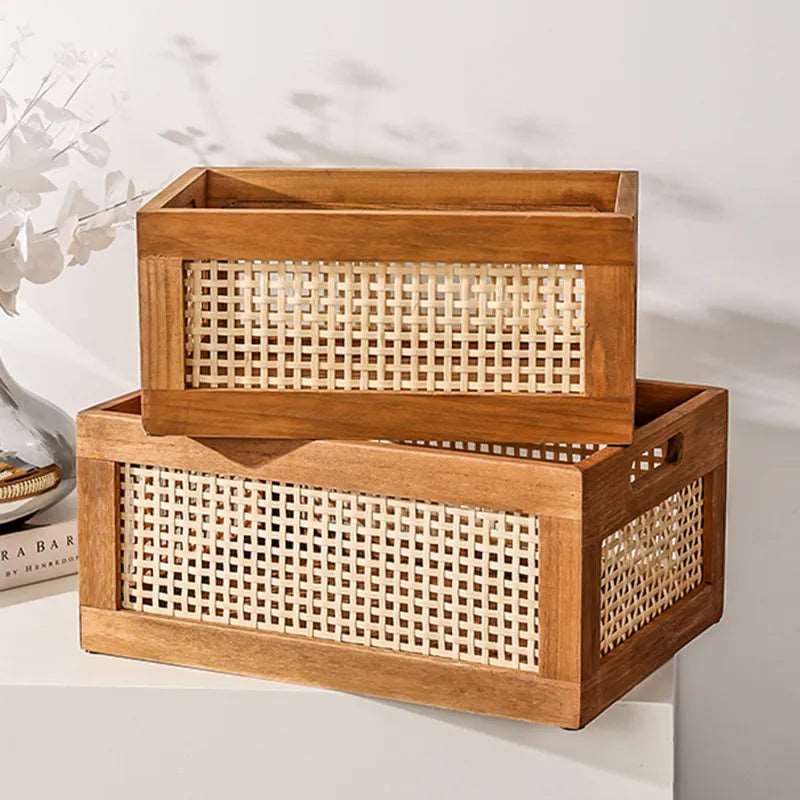Natural Rattan Solid Wood Storage Box Organiser - 2 Sizes