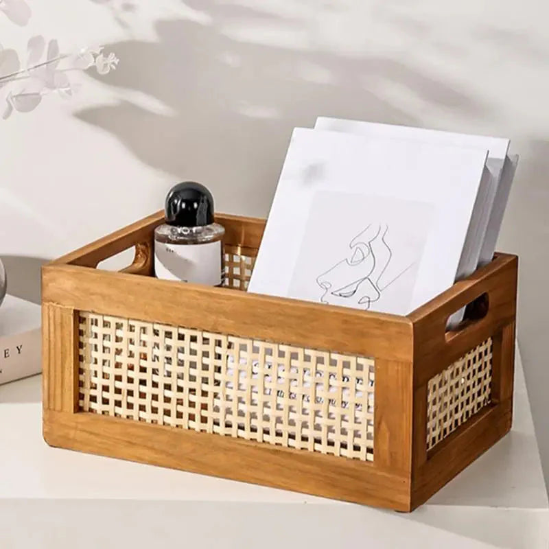 Natural Rattan Solid Wood Storage Box Organiser - 2 Sizes