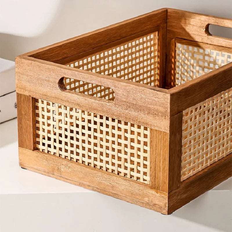 Natural Rattan Solid Wood Storage Box Organiser - 2 Sizes