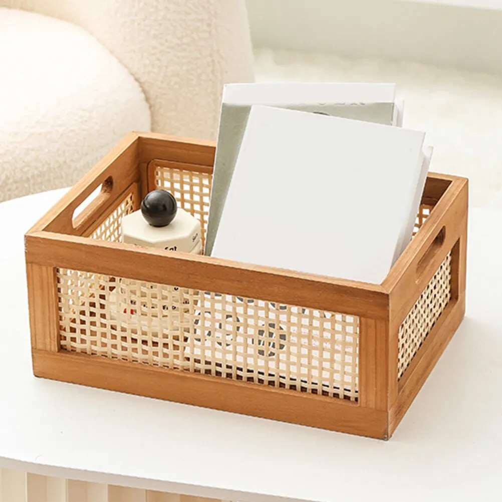 Natural Rattan Solid Wood Storage Box Organiser - 2 Sizes