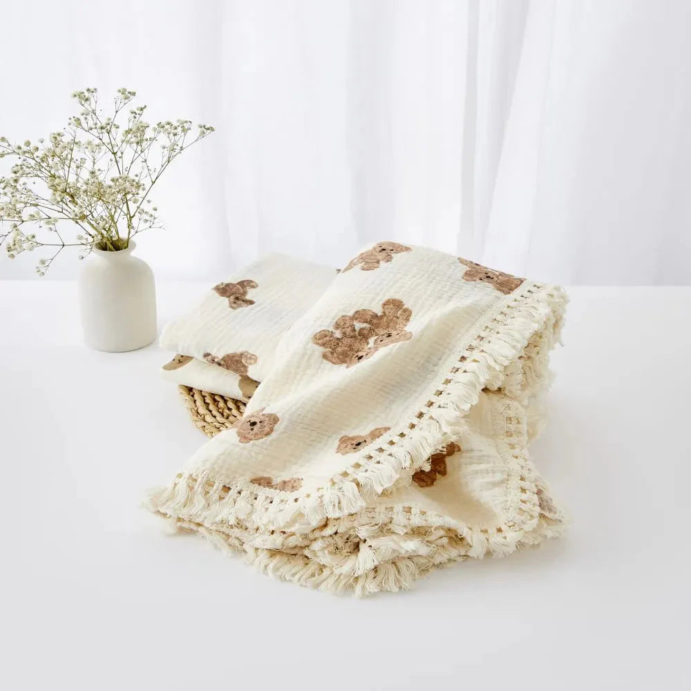 Organic Cotton Baby Muslin Blanket Swaddle with Fringe and Bear Detail - 3 Styles